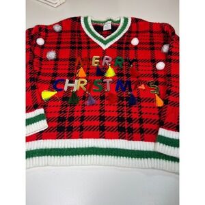 Womens Red Black Plaid Ugly Holiday‎ Merry Christmas Dangle Letter Sweater Sz S